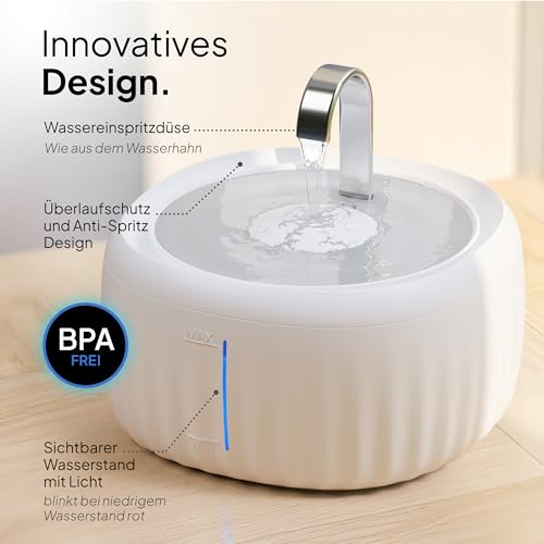PrettyPaw Cat Fountain - Super Quiet, BPA-Free 3L Drinking Fountain for Cats with LED and Activated Carbon Filter - Easy to Clean Cat Drinking Fountain - Aqua Flow (White)