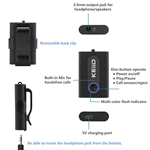 KEiiD Bluetooth Receiver CSR 4.2 Chip with Removable Back Clip, Stream Wireless Stereo Music with Wired Earphones,Car AUX Kit,Speakers.Built-in Microphone for Handsfree Calls.10 Hours Long Play Time - Thumbnail 2