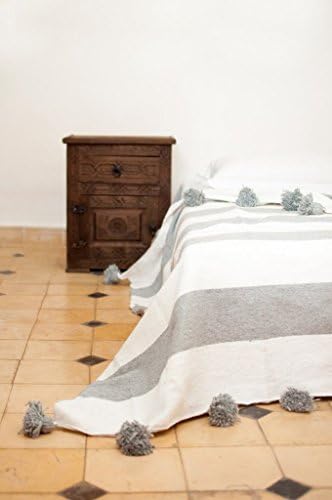 Silver Mist. Moroccan Pom Pom Blanket Throw, Quilt, Bedding, Cotton. X-Large (94 x 118 inches / 2.4 x 3 m)