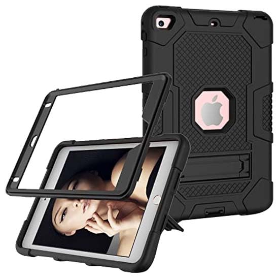 iPad mini4/5 Case with Stand, Heavy Duty Shockproof Hard Hybrid Triple Layer Protective Soft Shell Apple Tablet Silicone Case (Black+Black)