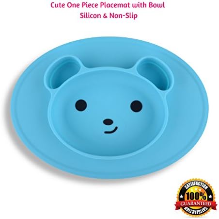 Placemat for Babies & Toddlers & Kids, One Piece with Bowl Dish, Baby Feeding Place Mat with Cute Bear Face, Non-Slip 100% Food Grade Silicon & BPA Free, Dishwasher Safe (BLUE)