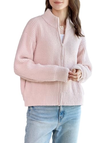 Snuggle Sac Women's Mock Neck Zip Up Cardigan Sweater Jacket, Pink S at Amazon