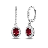 Sterling Silver Created Ruby Oval Dangle Halo Leverback Earrings with White Topaz Accents
