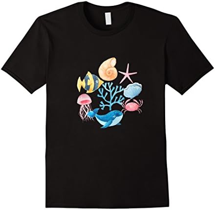 Mens Marine T-Shirt Ocean Aquarium Whale Fish Crab Coral Fun Tee Medium Black