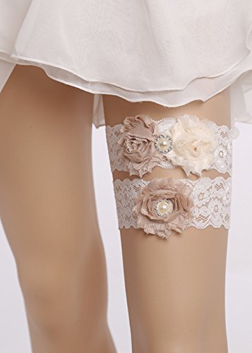 Kercisbeauty Set of 2 Handmade Bridal Bridesmaids Elastic Adjustable Garter White Lace Champagne Rose Flower and Pearl,Hen night bachelorette party