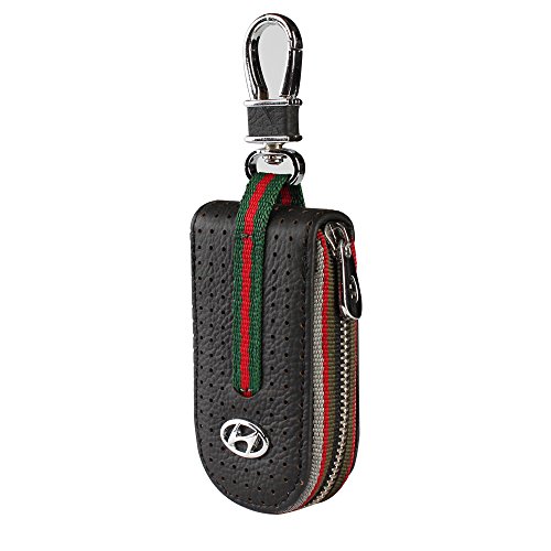 Leather Car Smart Key Chain Universal Key Holder Bag Black Zipper Case Cover Wallet Bag Shell Fob Ring (Hyundai)