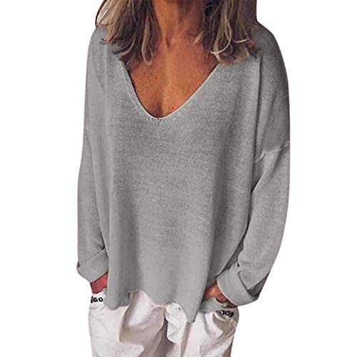 Tsmile Women V-Neck T-Shirt Long Sleeve Plain Breathable Fashion Slouchy Loose Casual Daily Autumn Tee Tops Blouse