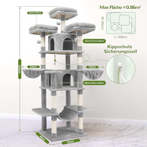Globlazer Scratching Post Large High 204 cm with 3 Padded Perches, 2 Cat House, 2 Baskets, Hammock, Luxury Cat Tree, Stable for 3-5 Adults, Cat, Rest, Play, Scratching Indoor (F80, Light Grey)