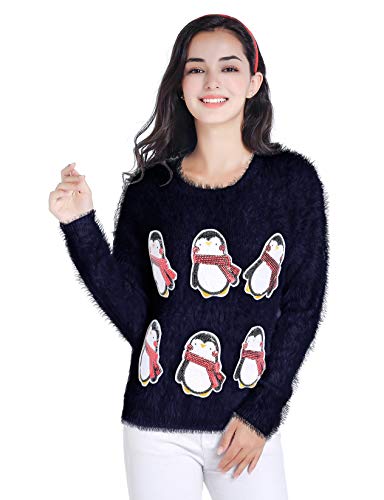 V28 Ugly Christmas Sweater Women Girls Cute Shining Santa Penguin