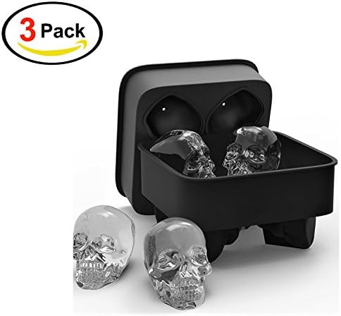 Molilayo Black 3D Skull Flexible Silicone Ice Cube Mold Trays, Giant Ice Cube Maker in Shapes for Whiskey, Cocktails, Beverages (Pack of 3)