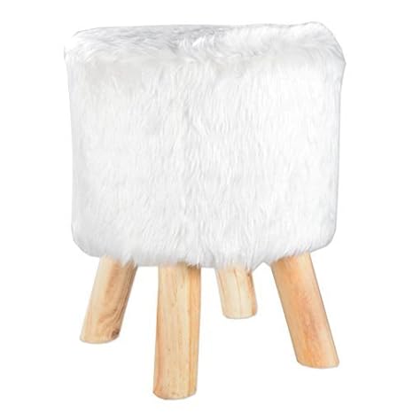 DRULINE Fellhocker Pelzhocker Sitzhocker Hocker Fußhocker Schemel Stuhl Fell Pelz Weiß