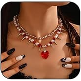 Gothic Thorn Pearl Heart Necklace,Vintage Multi-layered Red Black Beaded Pearl Choker Y2k Thorn Heart Pendant Necklace Halloween Christmas Jewelry for Women