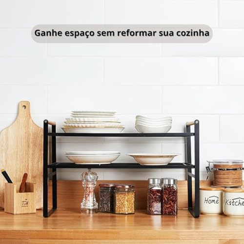 Prateleira Organizadora de Cozinha 2 Andares 33x33x20cm | Organizador de Armário Aramado em Metal Resistente com Cabo de Madeira Antiferrugem para Louças e Utensílios (Preto)