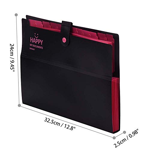 File Folder Organizer 12 Pockets Expanding File Folder with 20 Pcs Labels A4 Paper Letter Size Portable Accordion Document Organizer for Business Office Supplies School Home (Black)