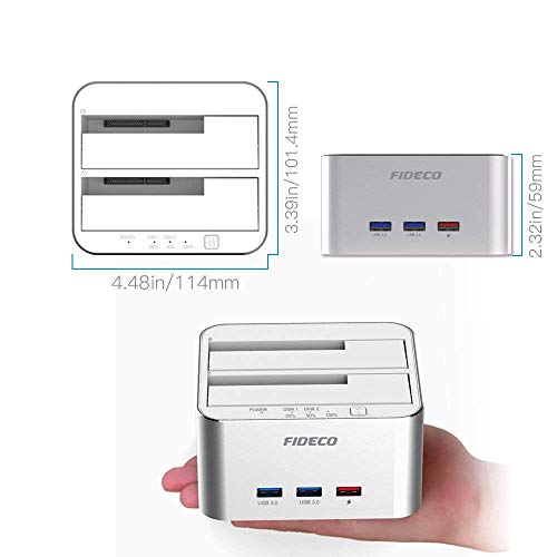 FIDECO Hard Drive Docking Station, USB 3.0 to SATA HDD Docking Station Dual-Bay External Hard Drive Dock with Offline Clone Function for 2.5"/3.5" SATA HDD SSD Drives, Support 2X 10TB, Silver