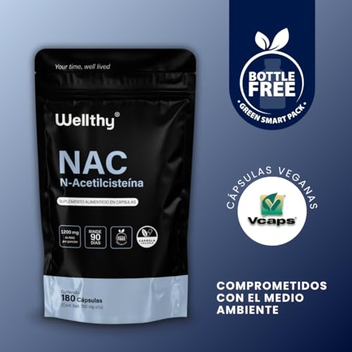 Wellthy NAC N-Acetilcisteína 180 Cápsulas. 1200mg por Porción, VCaps Cápsulas Veganas, Bottle Free.