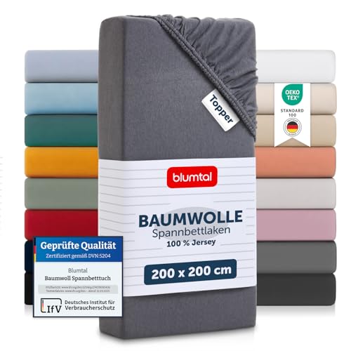 Blumtal® Basics Spannbettlaken Topper 200x200x15cm Jersey im 2er Set - Bettlaken aus 100% Baumwolle - Oeko-TEX zertifiziertes Spannbetttuch 200x200 -