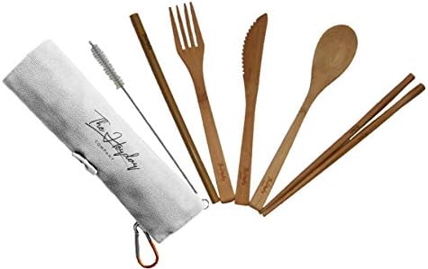 THE HEYDAY Bamboo Cutlery Set | Bamboo Utensils | Bamboo Flatware | Outdoor & Camping Eco-Friendly Travel Set | Bamboo Gift Set includes Knife, Fork, Spoon, Chopsticks, Straw
