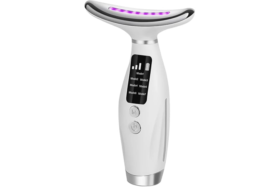 Face Neck Lifting Beauty Anti Wrinkle Device LED Photon Therapy Skin Tightening LED Light Therapy Facial Massager, 7 Colors, 7 Modes, Face and Neck Anti-Aging Device with 3 Intensity Levels, White