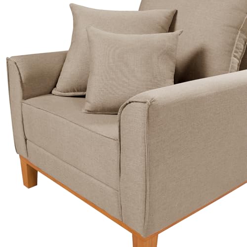 Poltrona Decorativa Beny Fixa Living Linho Para Sala Cadeira Recepção Escritório Base de Madeira (Bege)