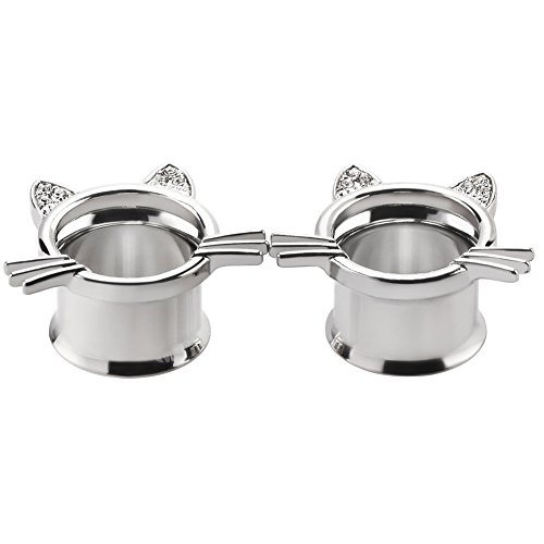 Longbeauty 2Pcs Silver Cute Kitten Ear Plugs Tunnels Gauges Stretcher Piercings in 3 Colors Gauge 3/4"