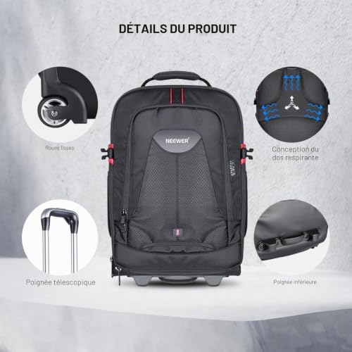 Neewer - 2 in 1 Camera Trolley Case - Durable and Waterproof - (Padded Shockproof Detachable Compartment, Hidden Pull Up Bar) Black