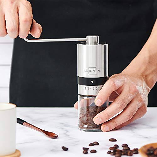 SILBERTHAL Kaffeemühle Manuell Kegelmahlwerk - Verstellbarer Mahlgrad - Handmühle aus Edelstahl und Glas - Ersatzglas – Bild 3
