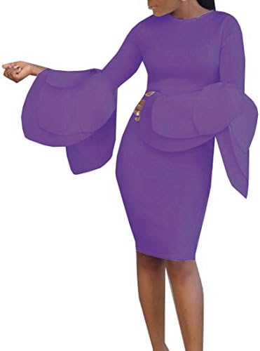 Women Sexy Crewneck Flare Trumpet Bell Long Sleeve Bodycon Cocktail Party Dress