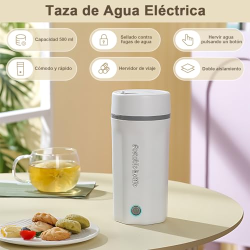 Hervidor Eléctrico de Viaje Portátil 500ML, Tetera Eléctrica de Viaje Caldera de Agua Caliente Personal Mini Taza, Hervidor de Agua Rápido Acero Inoxidable Apagado Automático para Hacer Té Café 110V