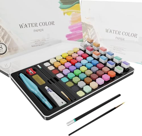 Watercolor Paint,48 Watercolor Paint Set with12 Bright Colors, brush,watercolor brush,paper,pencil, sharpener,sponge,Water-Washable Paints for Kids, Adults and Artists.