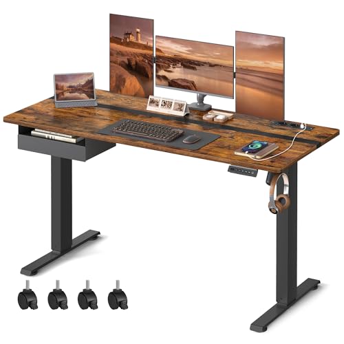 VASAGLE Höhenverstellbarer Schreibtisch elektrisch, 160 x 70 cm Tischoberfläche, Memory-Funktion mit 4 Höhen, mit Steckdosen und Stoffschublade, vinta