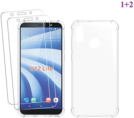 JIENI Case for HTC U12 Life Cover,Slim Crystal Transparent Soft Flexible TPU Bumper Air Cushion with Reinforced Corners Case + 2 Pack Screen Protector Tempered Glass Screen Film for (6.0")