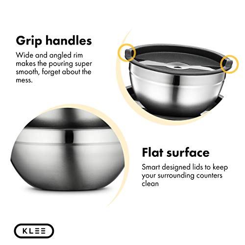Klee Stainless Steel Mixing Bowls Set of 5 - Mixing Bowls with Airtight Lids for Kitchen - Mixing Bowls with Measurements - Nesting Mixing Bowls Set - Stackable Mixing Bowls for Food Storage