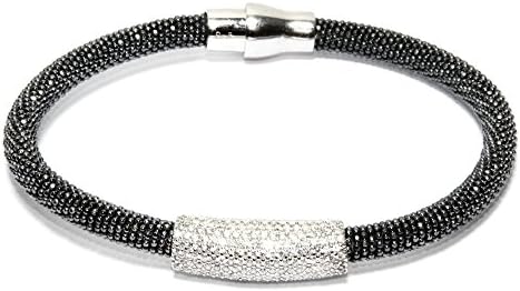 Expo Collection Sterling Silver Cubic Zirconia Bar Diamond-Cut Magnetic Clasp Mesh Bracelet 7" (Black Rhodium)