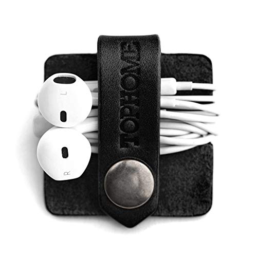TOPHOME Cord Organizer Earbud Holders Earphone Wrap Earphones Organizer Headset Headphone Earphone Wrap Winder Cord Manager Cable Winder with Genuine Leather Handmade(Black,1 Piece)