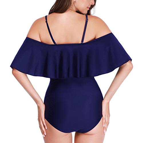 Maternity Swimsuit One Piece Bathing Suit Off Shoulder Flouncing Bikinis Tankini Beachwear Navy Blue XL - Thumbnail 4