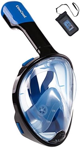 UooCooL 180° Full Face Snorkel Mask- Panoramic view Snorkeling Mask For Adults And Kids, Breathe freely With Anti Fog And Anti Leak Design, See More with a Larger Viewing Area (Black-Blue, L/XL)