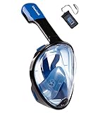 UooCooL 180° Full Face Snorkel Mask- Panoramic view Snorkeling Mask For Adults And Kids, Breathe freely With Anti Fog And Anti Leak Design, See More with a Larger Viewing Area (Black-Blue, S/M)