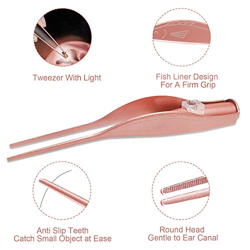 3 Pcs Earwax Removal Kits+Nose Cleaning Tweezer+Nail Clipper,Ear&Nose Pick Cleaner Kit with LED Light,Visible Ear&Nose Care Accessories,Ear Spoon with Storage Box for Baby&Adult(Rose Gold)