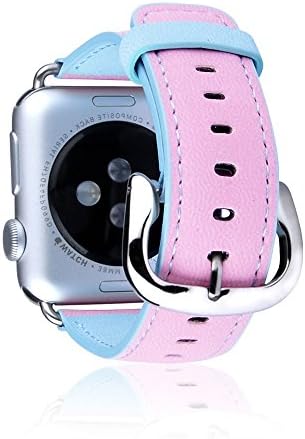 Sinospore Apple Watch Band 42mm Premium Soft Leather Loop Band with Secure Metal Buckle Replacement Strap for Apple Wrist iWatch Series - Blue and Pink (42MM)