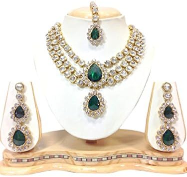 Elegant Designer Indian Bollywood Wedding Ware Gold Plated Green Kundan Necklace Set For Women