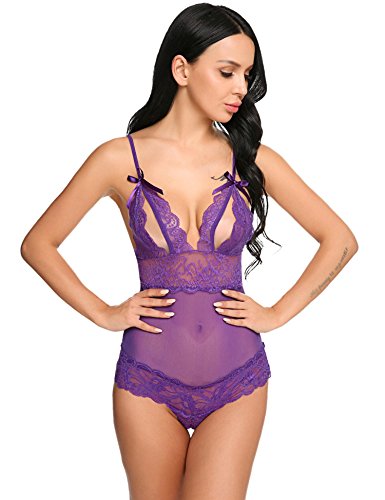 Avidlove Womens Sexy Peek-a-Boo Lingerie Mini Teddy Lace Babydoll Thong Bodysuit Purple XXL