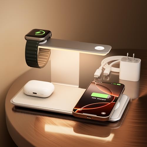 3 in 1 Wireless Charging Station for iPhone 17/16/15/14/13/12, Apple Watch and AirPods, Premium Leather-Look Charging Base with 3-Level Night Light, White