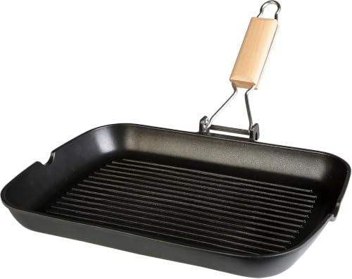 WECOOK! Ecostone Grill Induction Striped Grill 34 x 24 cm, Non-Stick ILAG Eco-Friendly PFOA Cast Aluminium, 5 mm Thickness, Folding Wooden Handle, Suitable for All Glass Ceramic, Gas