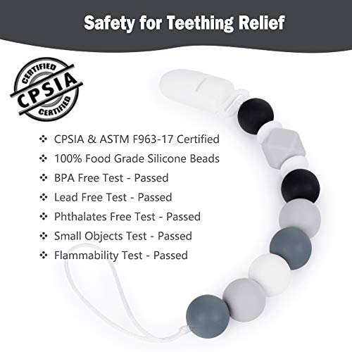 Baby Pacifier Clip, MCGMITT Silicone Teether Beads Binky Holder Teething Relief BPA Free for Girls Boys, 2 Pack Shower Gift Set (Grey+Beige)