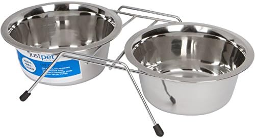 Dog Bowl For Food &amp; Water With Elevated Stand - Pet Diner Stainless Steel Set Of 2- Dishwasher-Safe Raised Feeders - By Just Pet Solutions