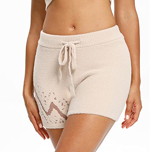 Snuggle Sac Women\'s Comfy Drawstring Casual Shorts Summer Elastic Waist Knit Lounge Shorts Relaxed Fit Shorts, Beige/Large