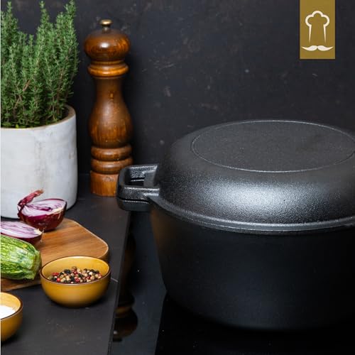 Cast Iron Pot 26 cm, Pre-Seasoned, Induction Compatible, 2-in-1 Cast Iron Roasting Pan with lid 4.6 L, Stewing Pan with Practical Double Function, Cast Iron Pot, Bread Baking Pot with Lid | Bake crispy sourdough bread or Schmore hearty dishes with proofing basket, dough scraper and 2 in 1 lid