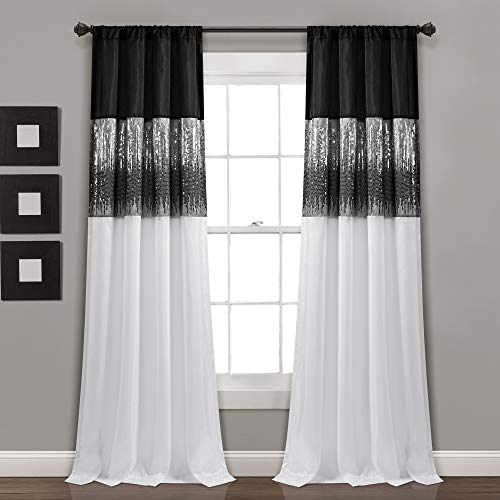 Lush Decor Night Sky Window Curtain Panel, Single, 42 W x 95 L, Black & White - Sequin Curtains - Sparkle & Color Block Design - Modern Glam Decor - Long Curtains For Bedroom & Living Room
