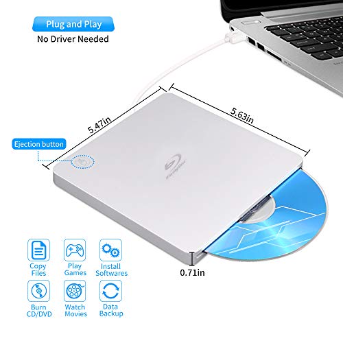 External USB Blu Ray Drive, USB3.0 and Type-c 3D Bluray BD CD DVD Drive Burner Slim Slot-in Optical Player RW for Laptop Desktop MacBook OS Linux Windows XP 7 8 10 PC iMac Laptop